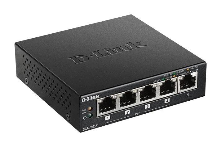 DGS-1005P/A1A D-Link коммутатор с 5 портами 10/100/1000Base-T, функцией энергосбережения и поддержкой QoS (4 порта с поддержкой PoE 802.3af/802.3at (30 Вт), PoE-бюджет 60 Вт)
